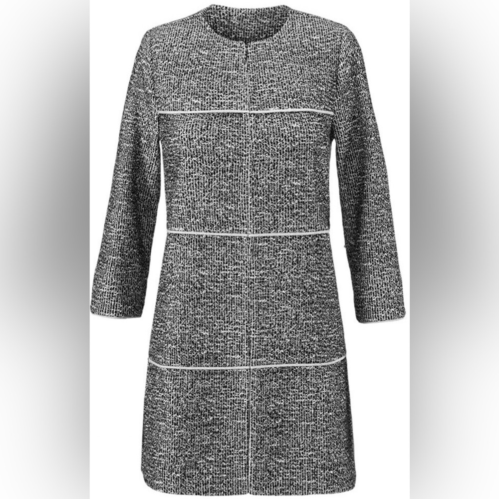 Cabi The Times Black And White Tweed Jacket Hook Front Mid Length Classic Sz XS